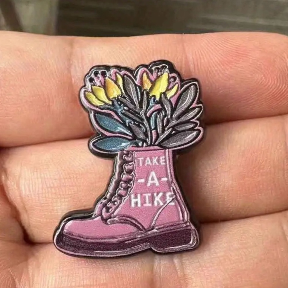 New! Whimsical "Take A Hike" Pink Boot Enamel Pin